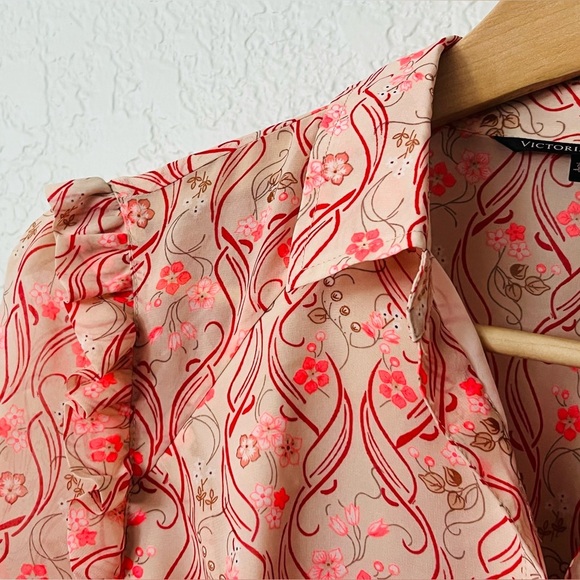 Victoria Secret Belted Flared Dress Polyester Peasant Tan Pink Floral Womens 2 - Picture 2 of 4